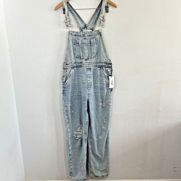 Refugee Denim Bib Overalls Womens L Blue Distress Farmer Cowgirl Country Western - Picture 1 of 8